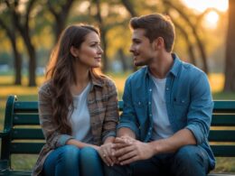 A young couple sitting on a park bench having a serious and caring conversation during sunset.