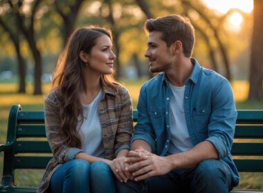 A young couple sitting on a park bench having a serious and caring conversation during sunset.