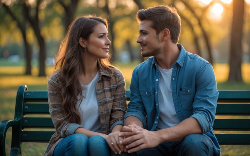 A young couple sitting on a park bench having a serious and caring conversation during sunset.