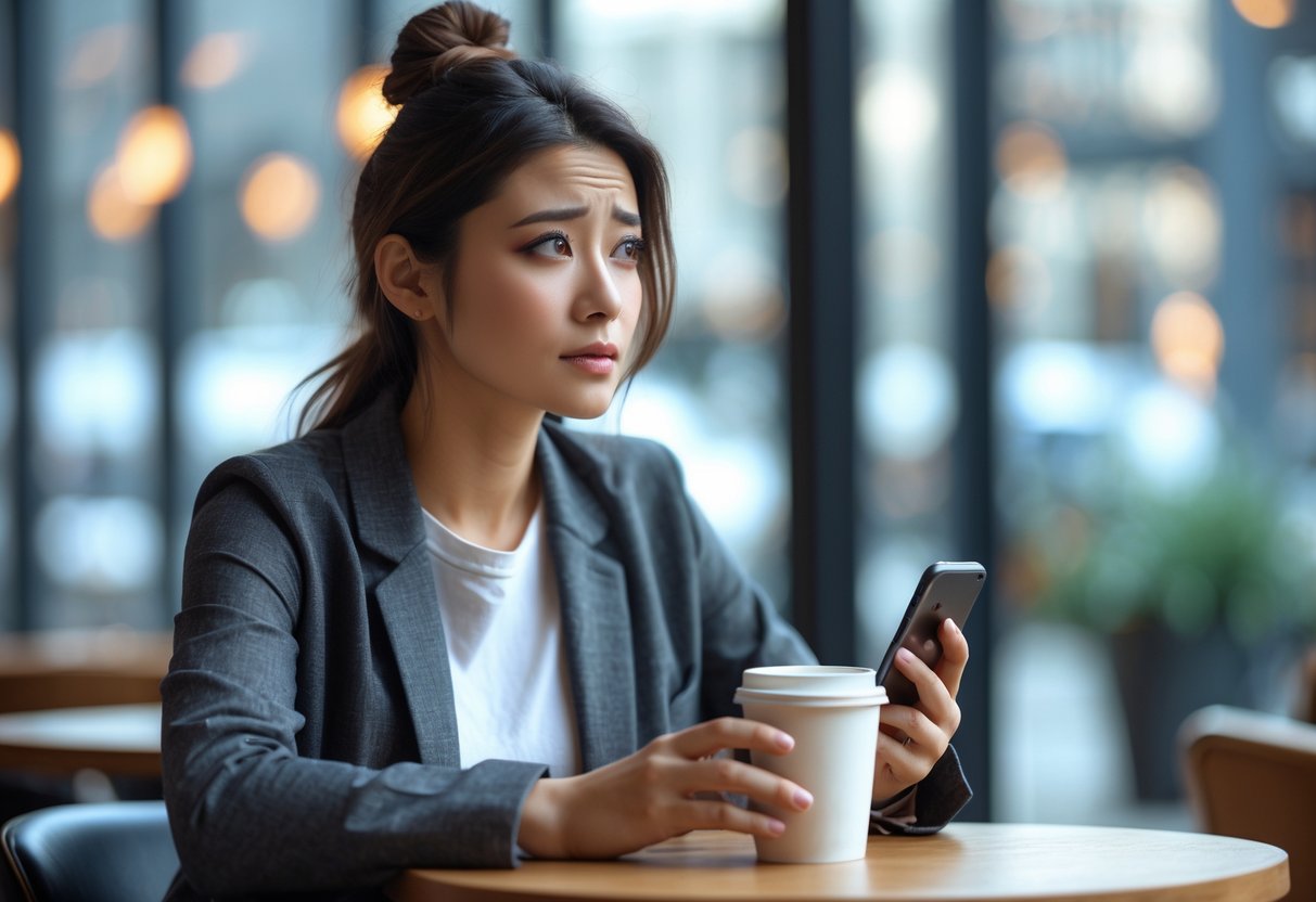 A young woman sitting alone at a café table holding a cup of coffee and a smartphone, looking thoughtful and reflective.