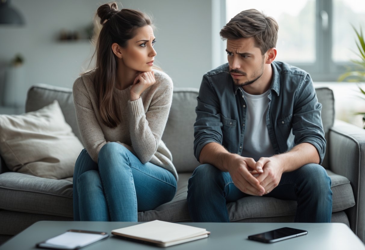 A young couple sitting apart on a couch in a living room, both looking thoughtful and uncertain.