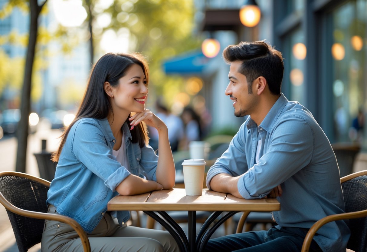 A young couple having a sincere conversation at an outdoor café table in a city setting.