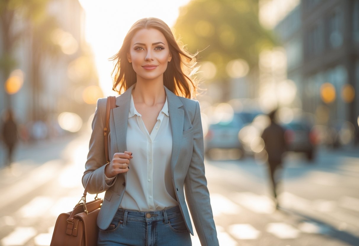 A confident young woman walking on a city street with a determined expression, symbolizing personal growth and moving forward.