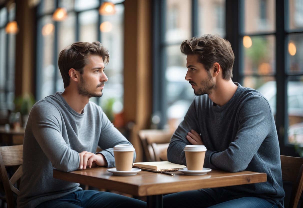 A young couple sitting at a café table having a serious and caring conversation over coffee.