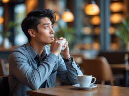 A young adult sitting alone at a café table, looking thoughtful and contemplative while holding a cup of coffee.