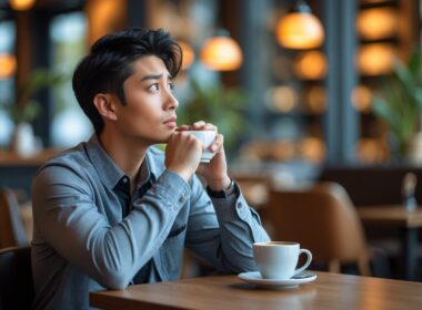 A young adult sitting alone at a café table, looking thoughtful and contemplative while holding a cup of coffee.