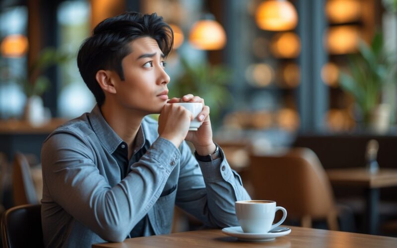 A young adult sitting alone at a café table, looking thoughtful and contemplative while holding a cup of coffee.