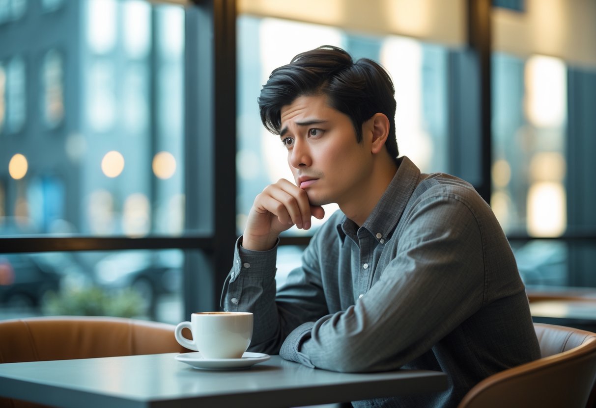 A young adult sitting alone at a café table, looking thoughtful and contemplative.