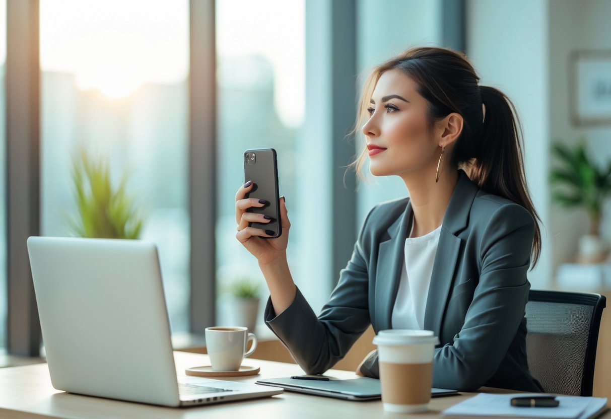 A young woman sitting at a desk holding a smartphone and notebook, looking thoughtfully out of a window in a bright office.
