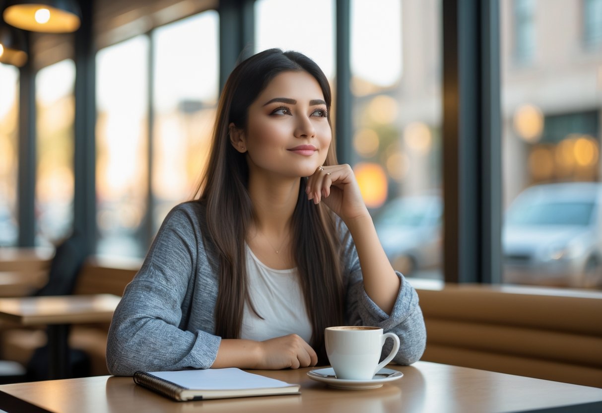 A young woman sitting alone at a coffee shop table, looking thoughtful while holding a cup of coffee.