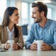 Two colleagues smiling and talking in a bright office, showing friendly and positive interaction.