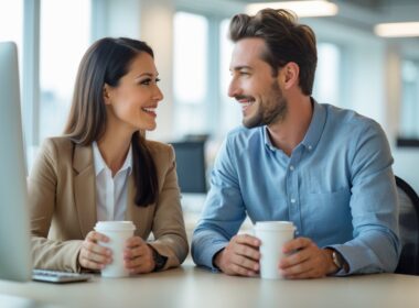 Two colleagues smiling and talking in a bright office, showing friendly and positive interaction.