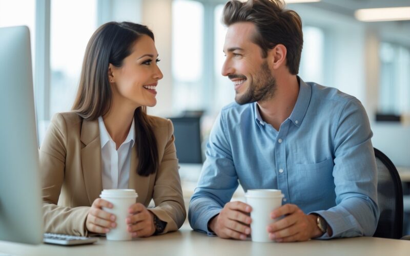Two colleagues smiling and talking in a bright office, showing friendly and positive interaction.