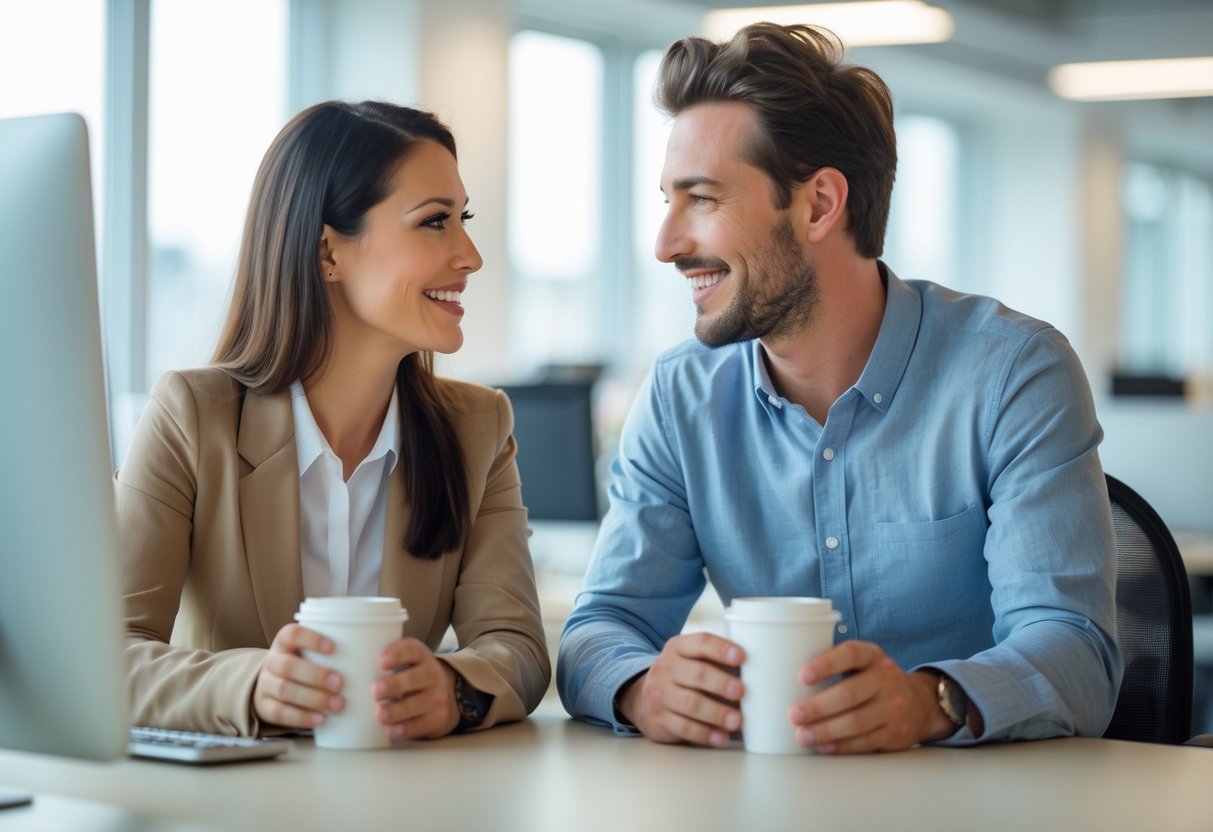 Two colleagues smiling and talking in a bright office, showing friendly and positive interaction.