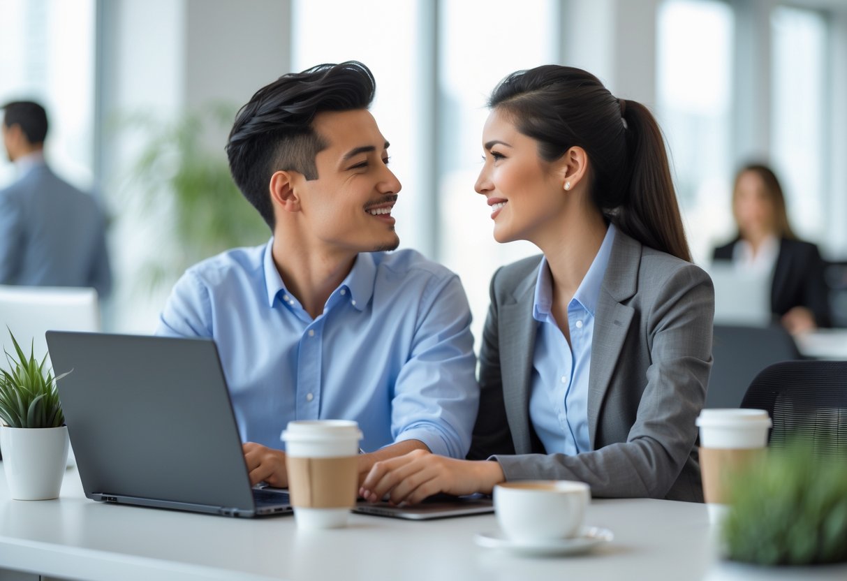 Two office colleagues smiling at each other while sitting at a desk in a bright modern office.