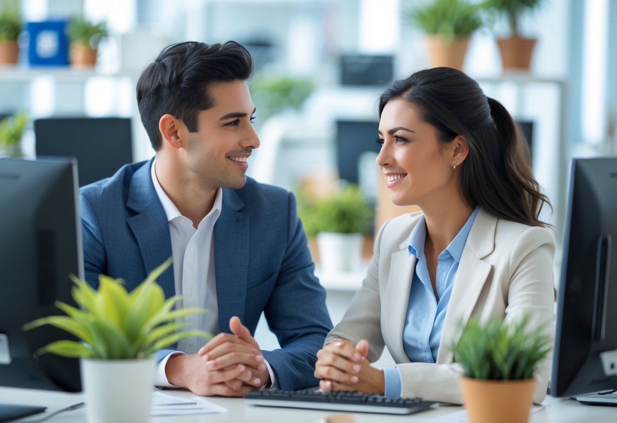 Two young professionals smiling and talking at a desk in a bright office.