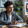 A young adult drawing on a sketchpad at a desk with art supplies, with a blurred image of a smiling person in the background.