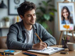 A young adult drawing on a sketchpad at a desk with art supplies, with a blurred image of a smiling person in the background.