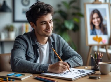 A young adult drawing on a sketchpad at a desk with art supplies, with a blurred image of a smiling person in the background.