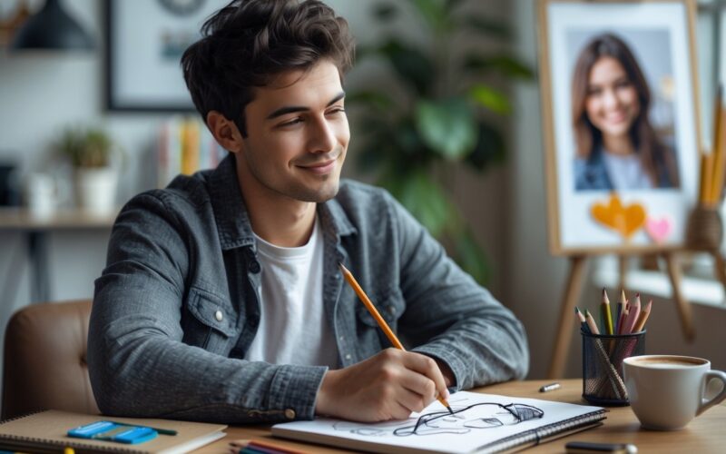 A young adult drawing on a sketchpad at a desk with art supplies, with a blurred image of a smiling person in the background.