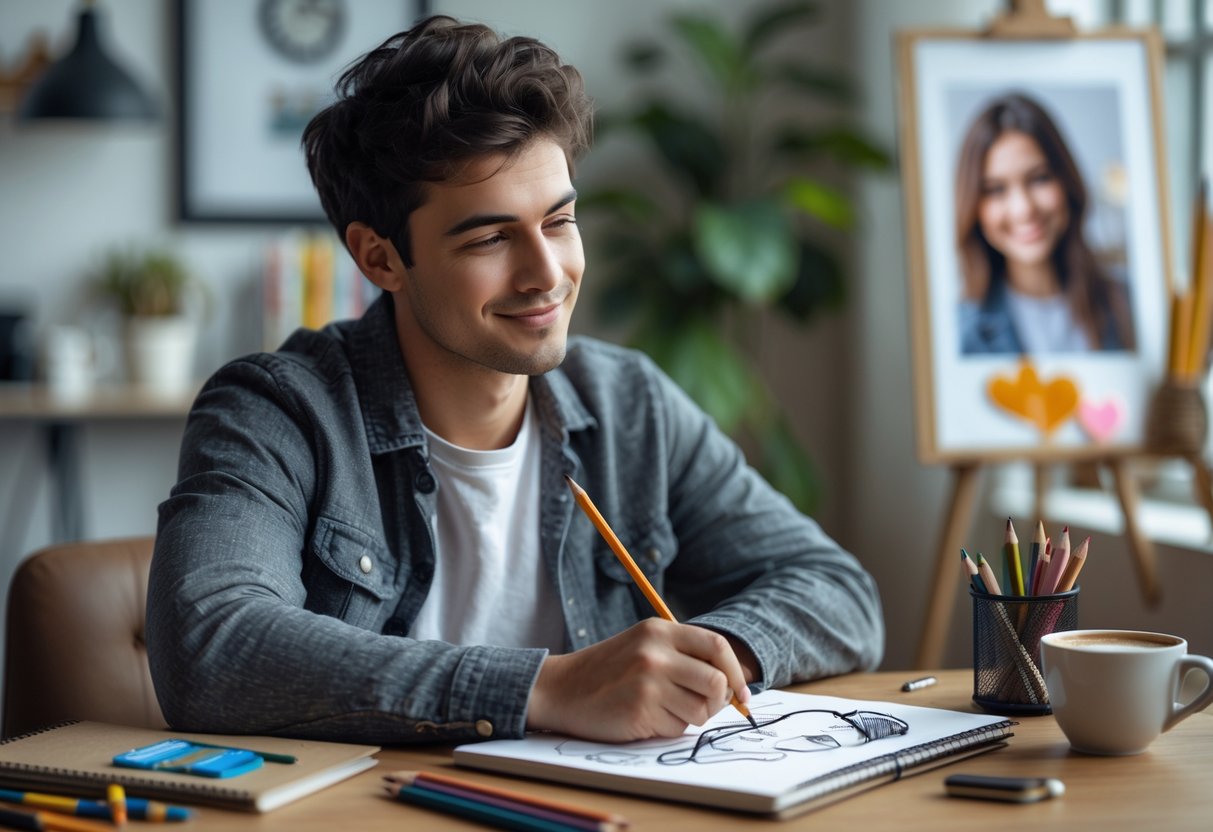 A young adult drawing on a sketchpad at a desk with art supplies, with a blurred image of a smiling person in the background.