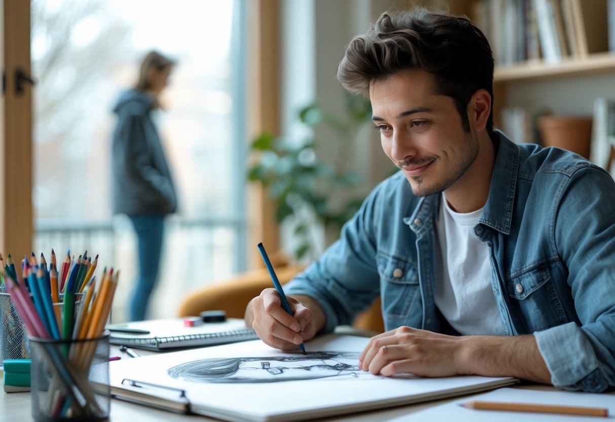 A young adult artist sketching a portrait at a desk with art supplies, with a person standing by a window in the background.