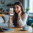 A young woman sitting at a desk looking thoughtfully at her smartphone in a cozy living room.