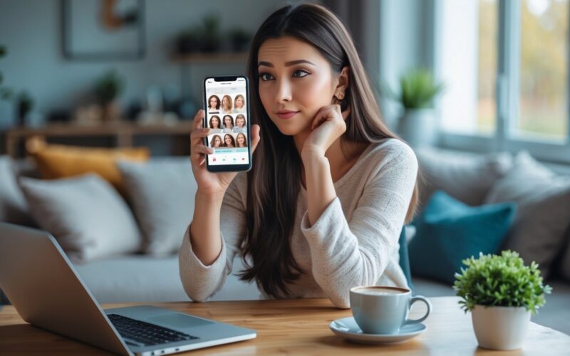 A young woman sitting at a desk looking thoughtfully at her smartphone in a cozy living room.