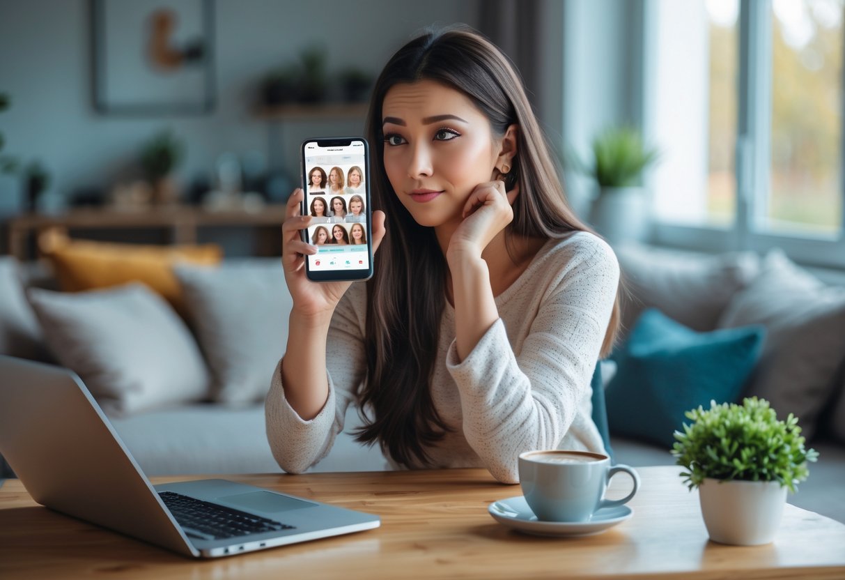 A young woman sitting at a desk looking thoughtfully at her smartphone in a cozy living room.