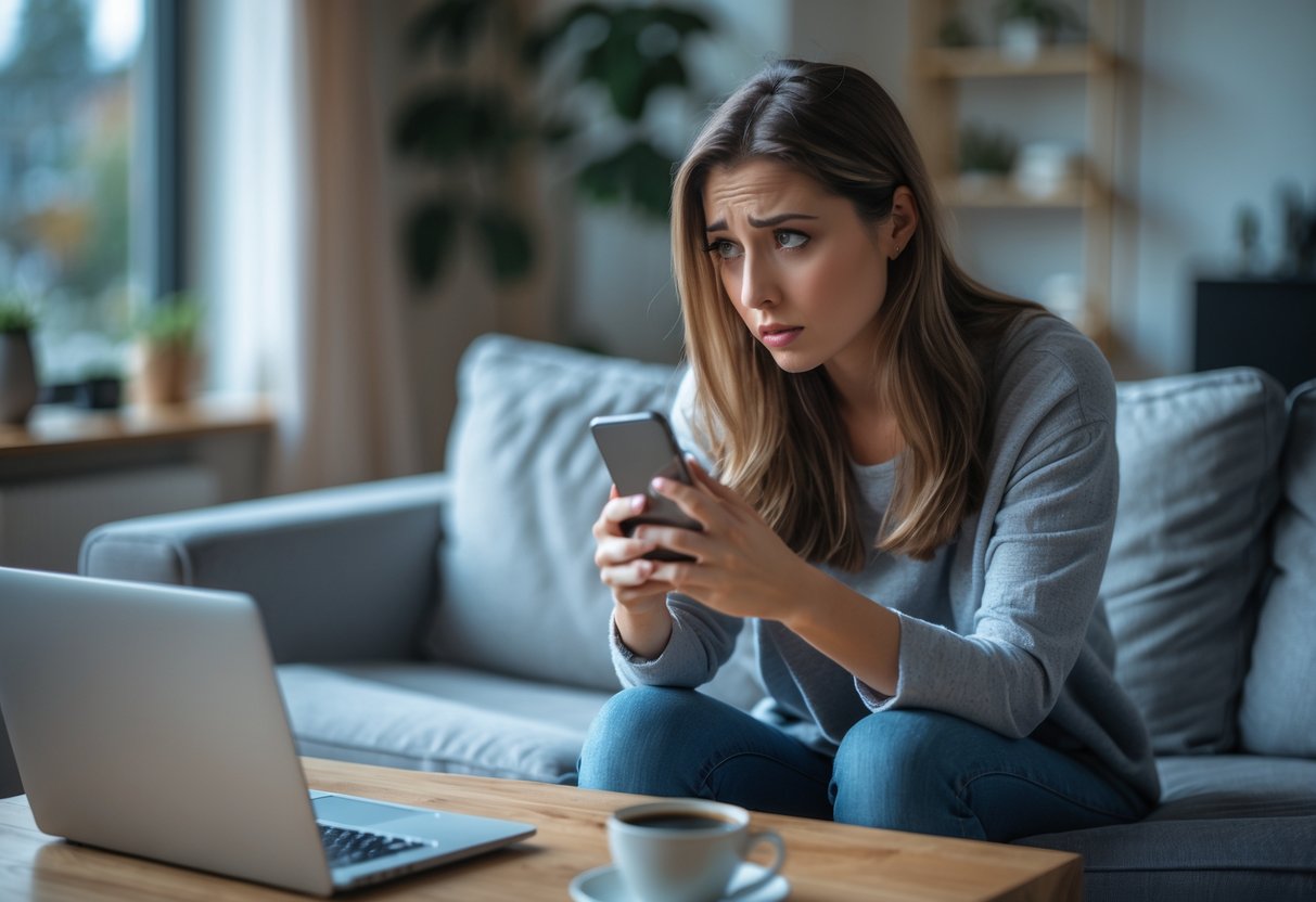 A young woman sitting on a couch looking thoughtfully at her smartphone with a concerned expression in a cozy living room.