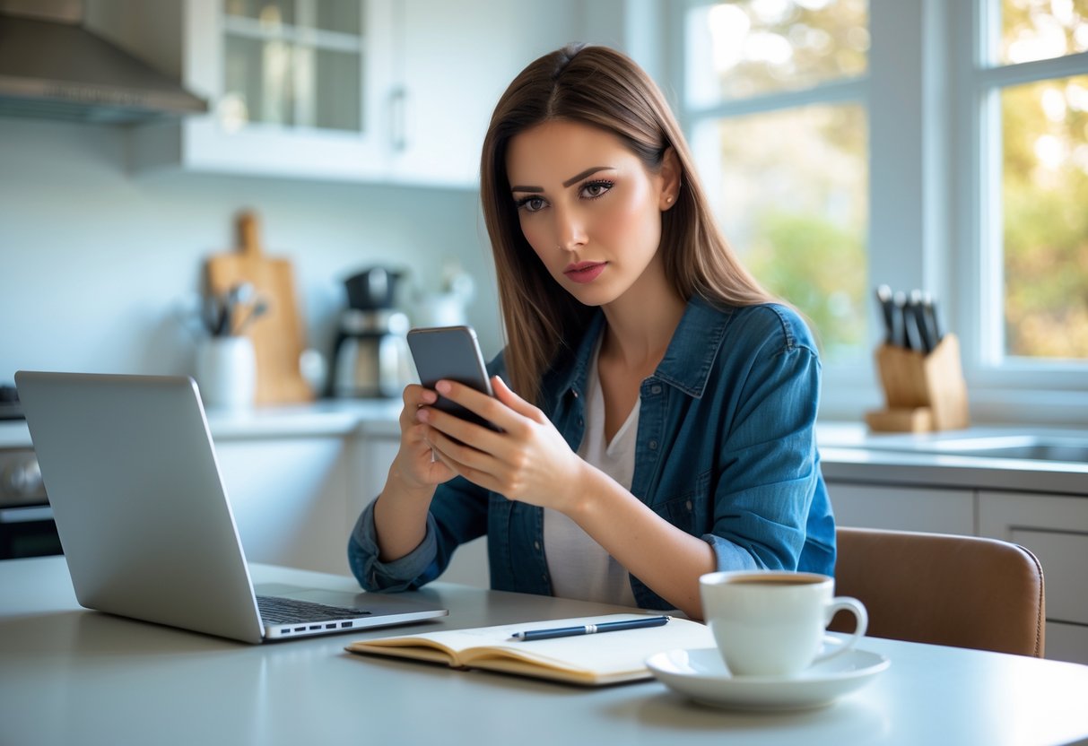 A young woman sitting at a kitchen table looking thoughtfully at her smartphone with a laptop and coffee nearby.