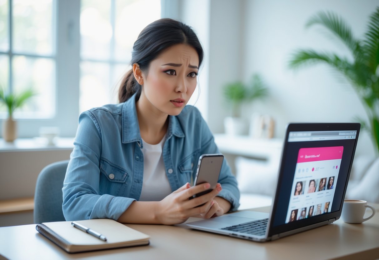 A young woman sitting at a desk looking thoughtfully at her smartphone with a laptop open beside her in a bright room.