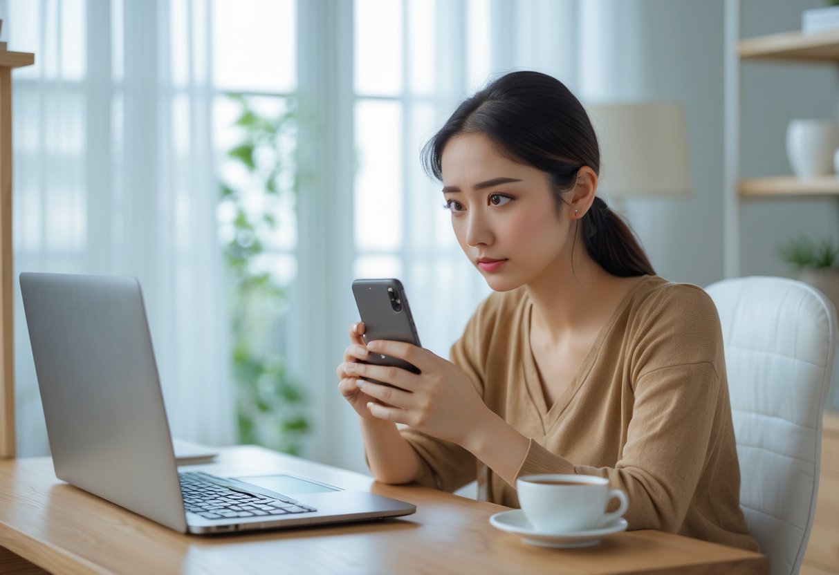 A young woman sitting at a desk looking thoughtfully at her smartphone in a bright home office.
