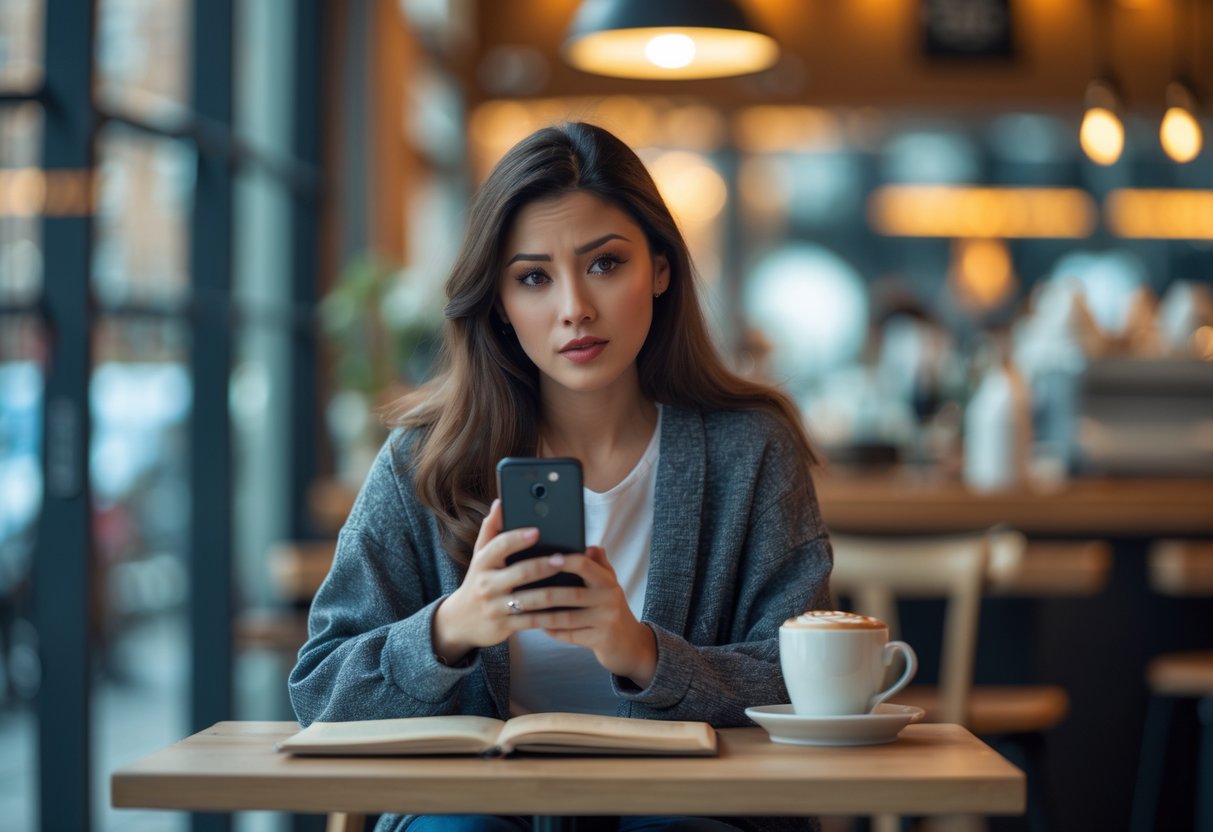 A young woman sitting in a coffee shop looking thoughtfully at her smartphone with a cup of coffee on the table.