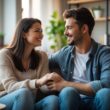 A young couple sitting closely on a sofa, smiling and holding hands in a cozy living room.