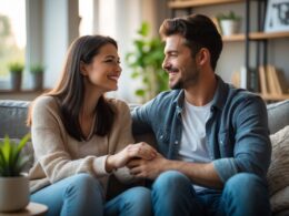 A young couple sitting closely on a sofa, smiling and holding hands in a cozy living room.