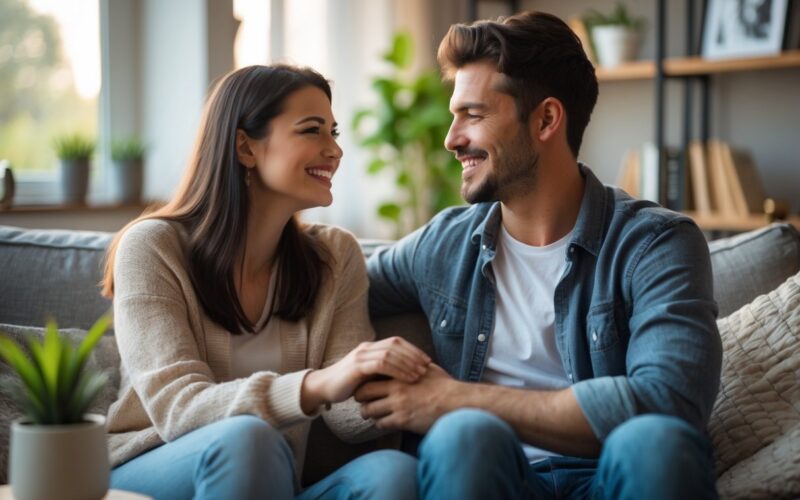 A young couple sitting closely on a sofa, smiling and holding hands in a cozy living room.