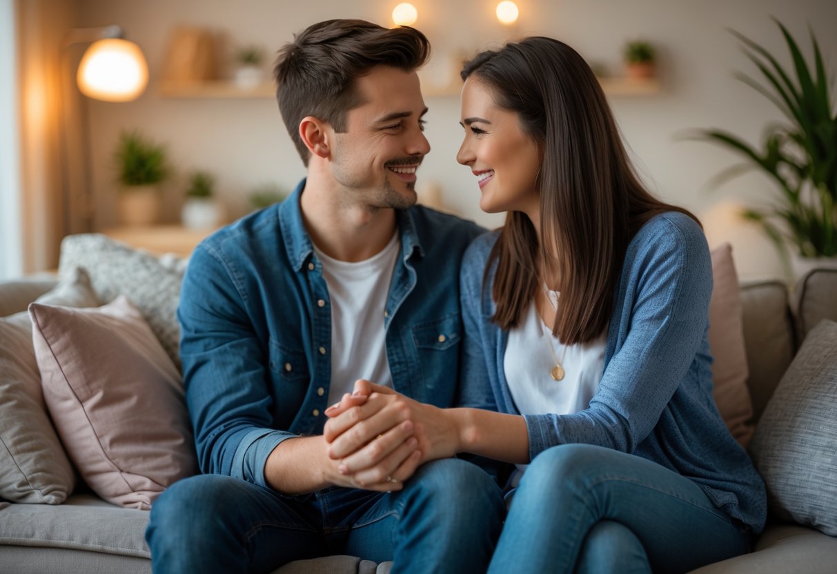 A young couple sitting closely on a sofa, holding hands and smiling at each other in a cozy living room.