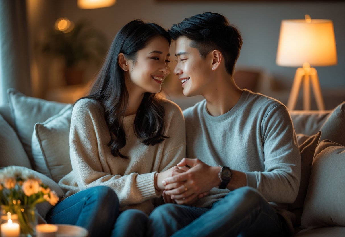 A young couple sitting close together on a sofa, holding hands and looking into each other's eyes in a cozy living room.
