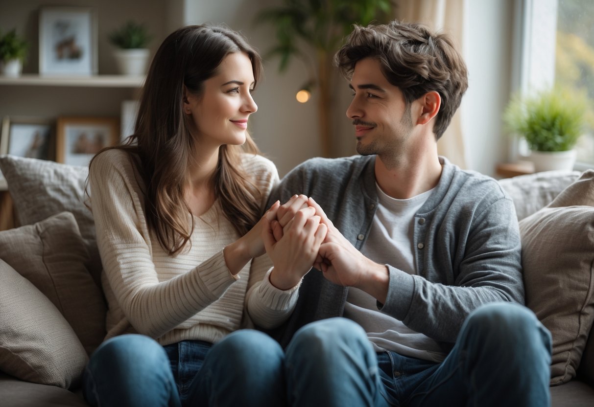 A young couple sitting closely on a sofa, holding hands and sharing a warm, supportive moment.