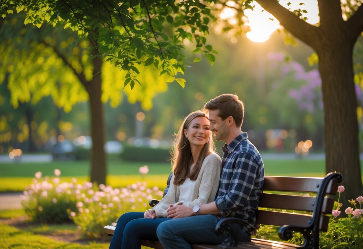 A young couple sitting closely on a park bench, smiling and looking into each other's eyes surrounded by trees and flowers.