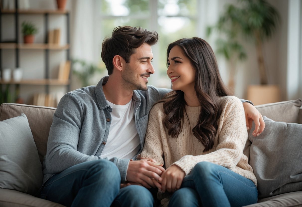 A young couple sitting closely on a sofa, smiling and holding hands in a bright living room.
