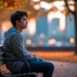 A young adult sitting alone on a park bench looking thoughtful and sad with autumn leaves falling around them.