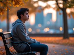A young adult sitting alone on a park bench looking thoughtful and sad with autumn leaves falling around them.
