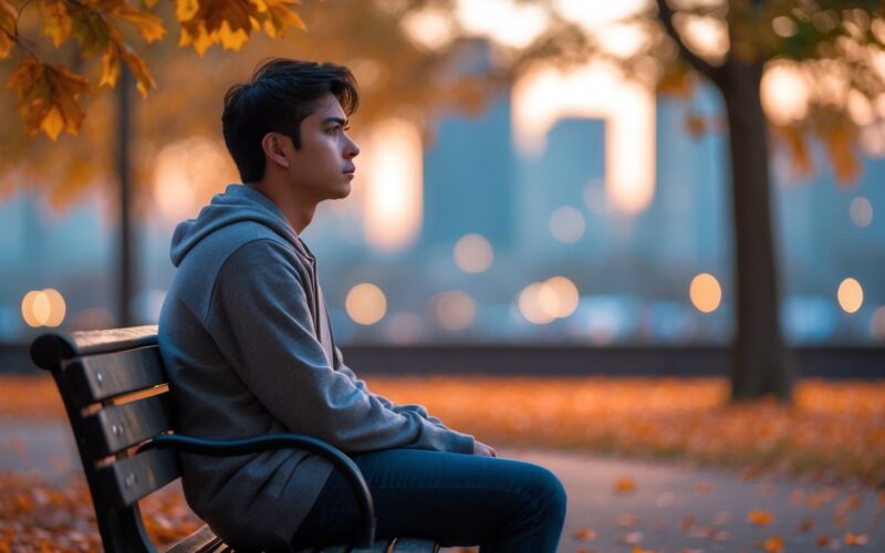 A young adult sitting alone on a park bench looking thoughtful and sad with autumn leaves falling around them.