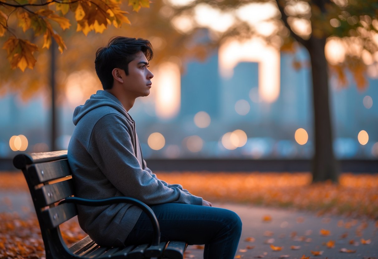 A young adult sitting alone on a park bench looking thoughtful and sad with autumn leaves falling around them.