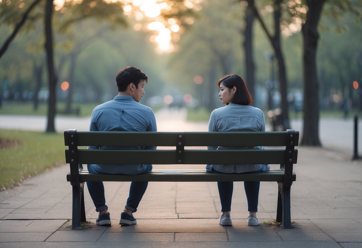 A young adult couple sitting apart on a park bench looking away from each other with thoughtful expressions in a quiet urban park.