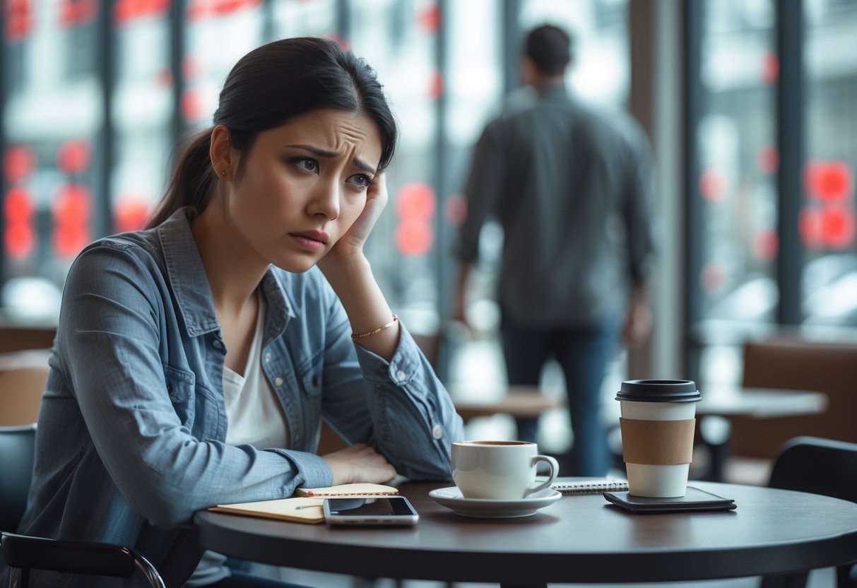 A young woman sitting alone at a cafe table, looking thoughtful and worried, with a smartphone and coffee in front of her, while a man walks away in the background.