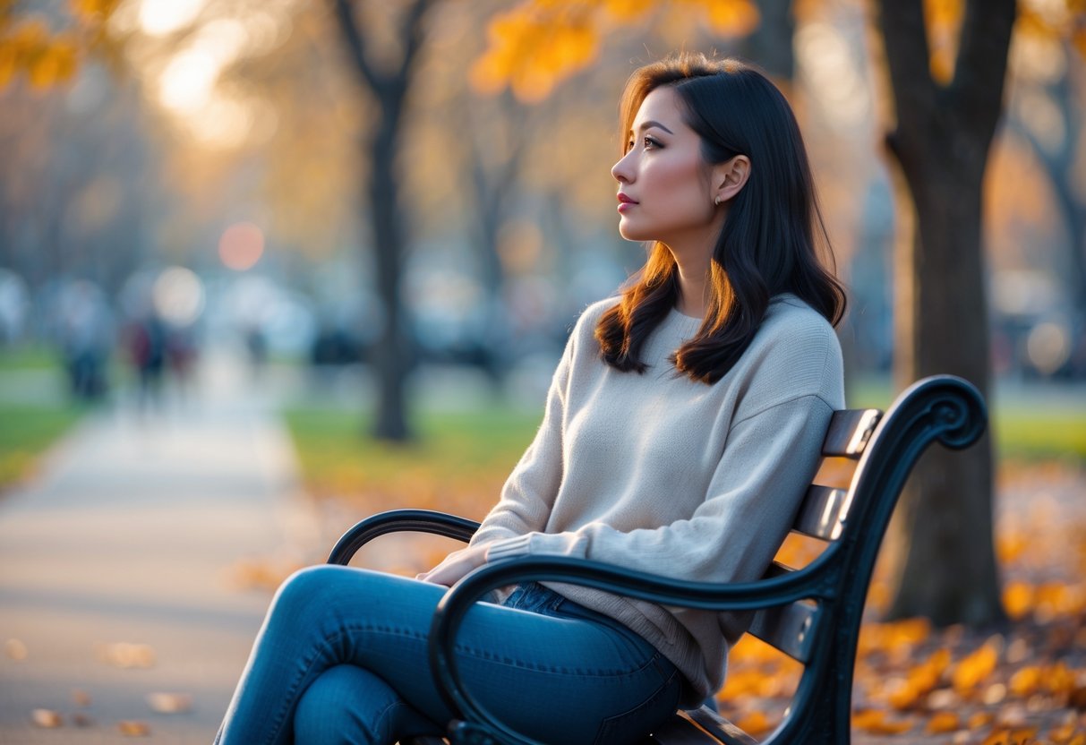 A young woman sitting alone on a park bench looking thoughtfully into the distance.