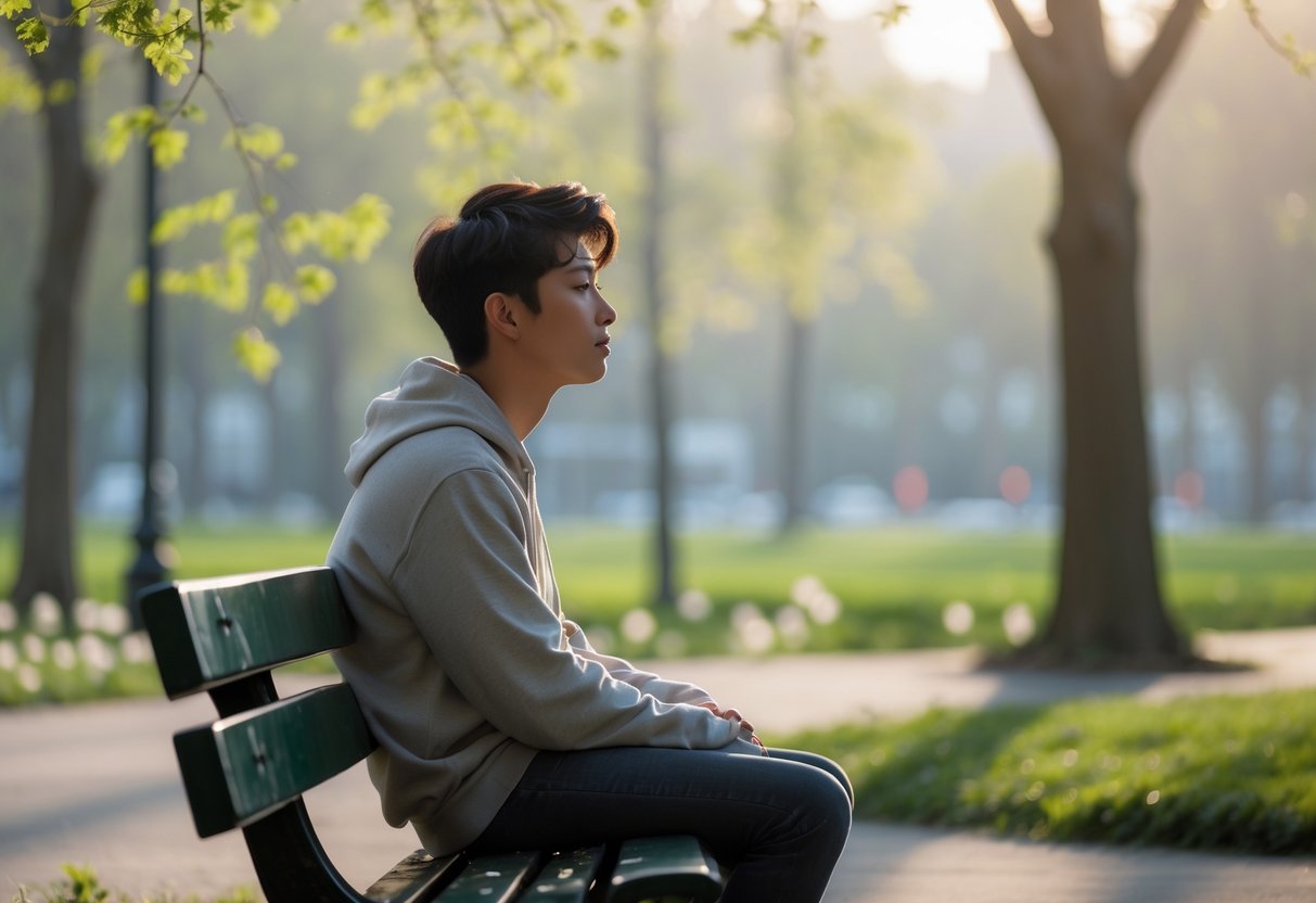 A young person sitting alone on a park bench, looking thoughtfully into the distance with trees and flowers around them.